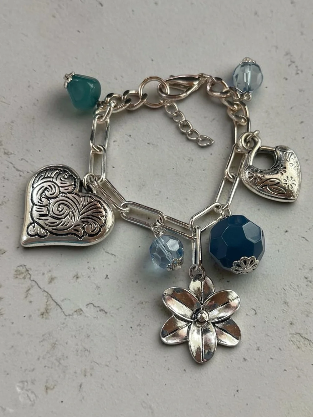 Chunky Silver Tone Heart Floral Charm Bracelet Blue Glass Beads